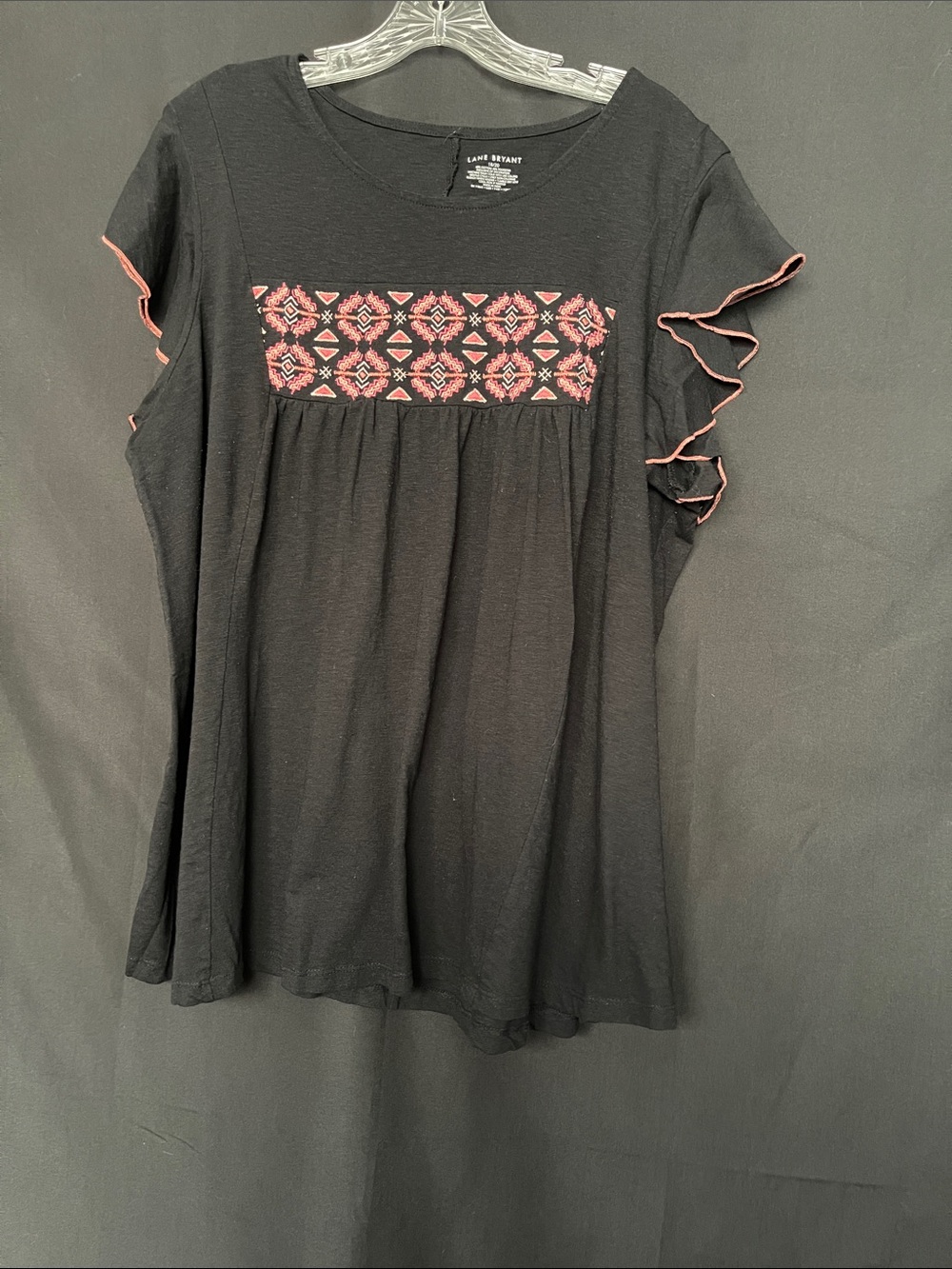 Lane Bryant Black Tunic with Pink Embroidered Panel and Ruffle Trim